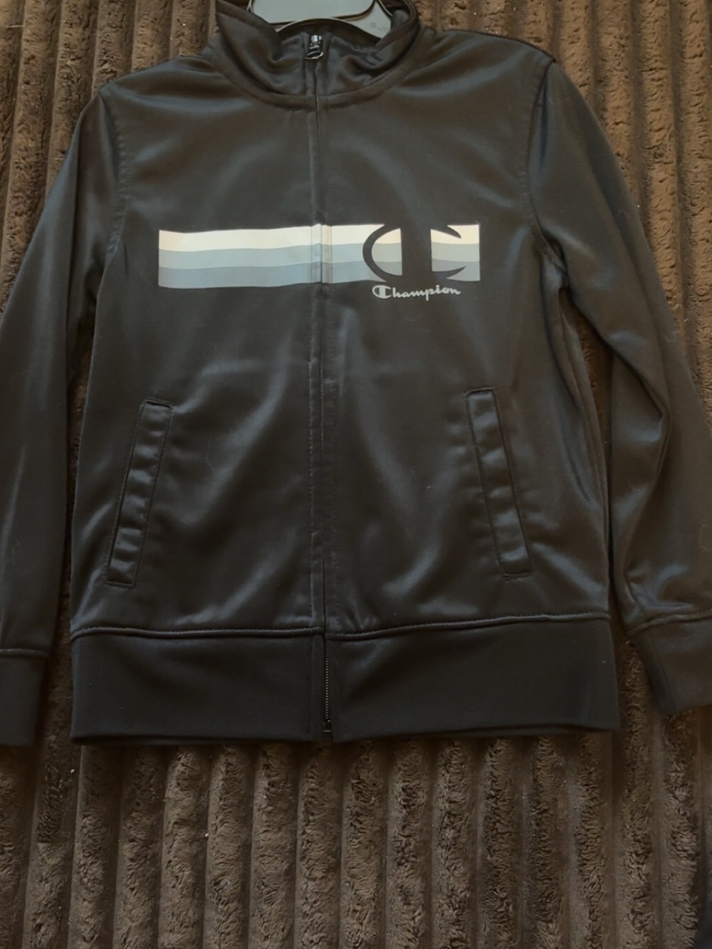 Champion Kids Black Jacket with Gray & White Retro Stripe